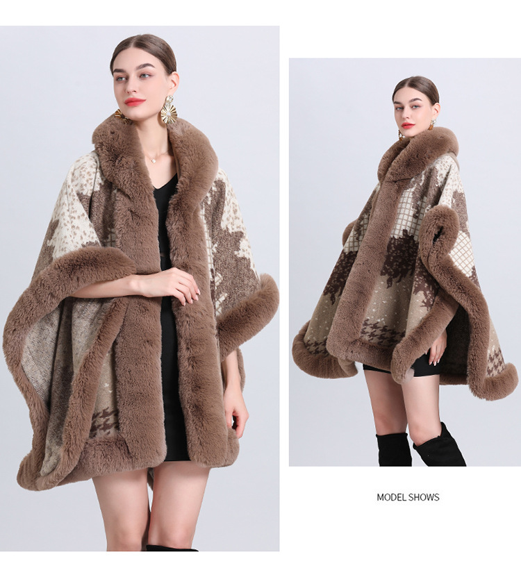 Jacquard Fransen Kapuzenumhang Cape locker gestrickte Strickjacke Übergröße Wollmantel_voghion.com