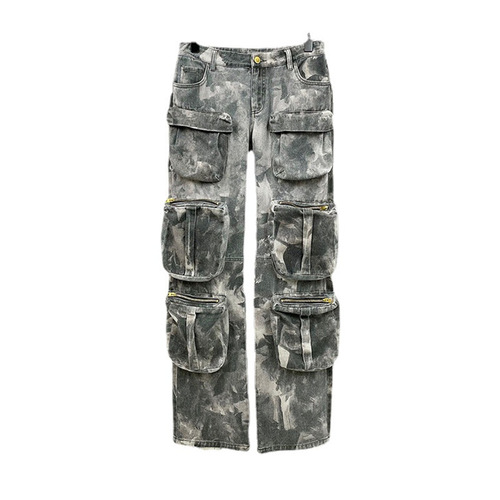 Street trend design  spring new camouflage multi-pocket overalls loose hot girl casual trousers
