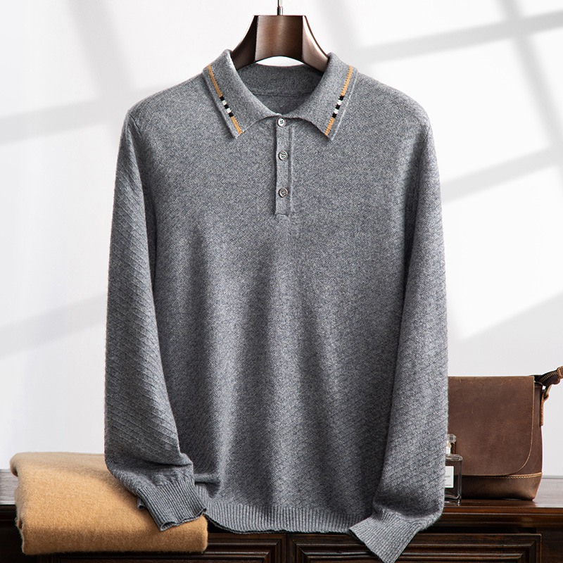 Cashmere Sweater Men's Polo Collar Buttoned Sweater Bottoming Color Block Sweater Business Warm Top Trendy Casual