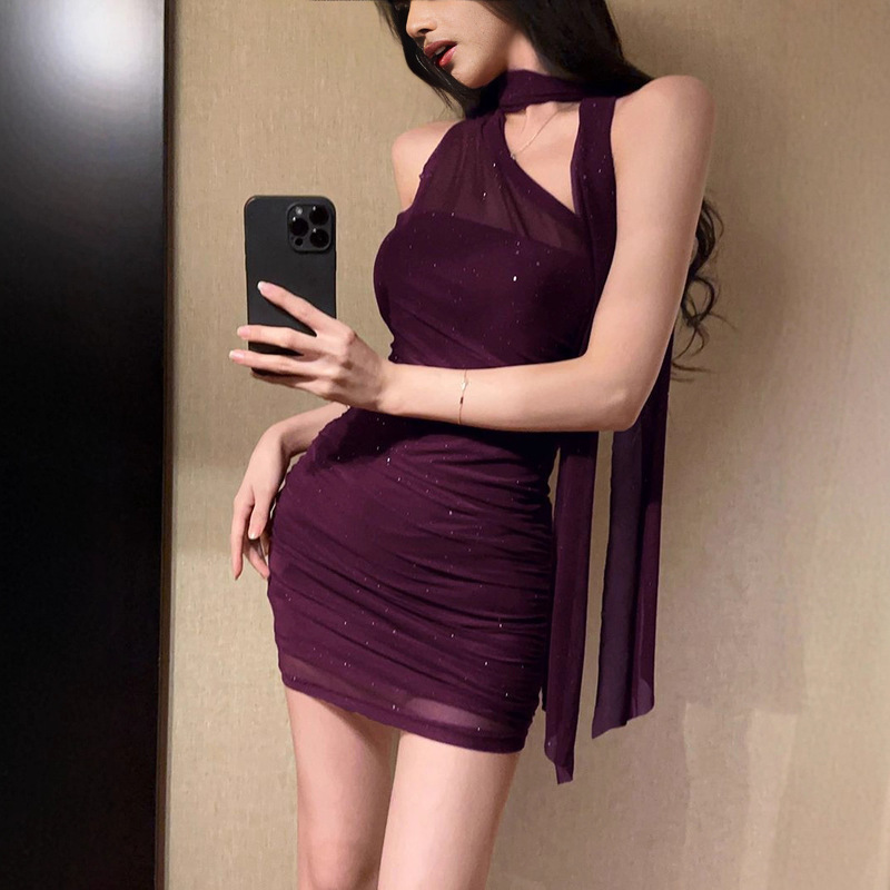 Sexy Pure Desire Mesh Splicing Halter Dress for Women 2025 Summer New Slimming Look Slimming Look High-End Hip-Hugging Skirt