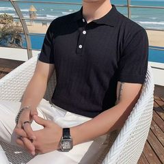 夏薄手メンズニット中空ファッションポロシャツラペルスリム万能Tシャツ無地半袖