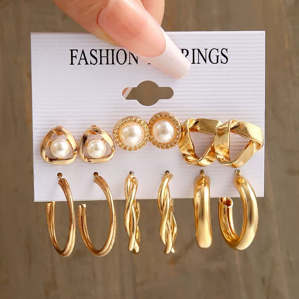 European and American Style Metal Earrings Square Geometric Earrings Retro Pearl Earrings Hepburn Style Earrings Set 6 Pieces