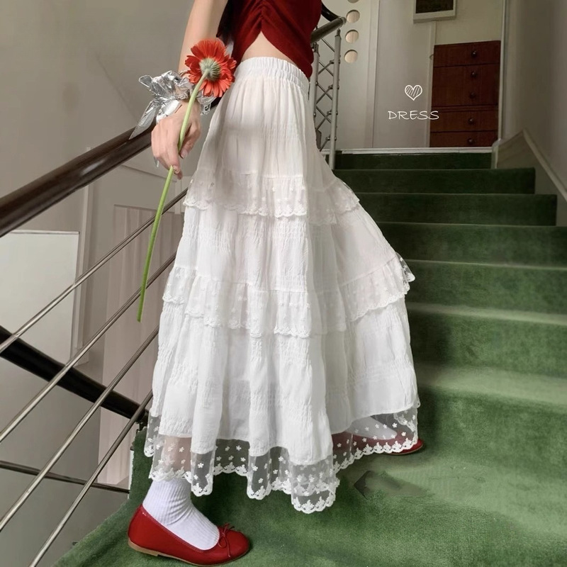 French Lace Trim Spring and Summer Skirt, New Spring Style High-Waisted Sweet Slimming Long Skirt Design, White Tiered Skirt