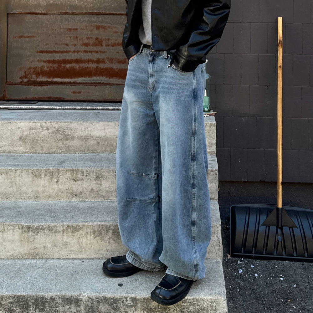 MYQ Men's Distressed Washed Jeans Loose Wide Leg Straight Casual Commuter Pants Korean Style Spring Autumn_mkmklike.com