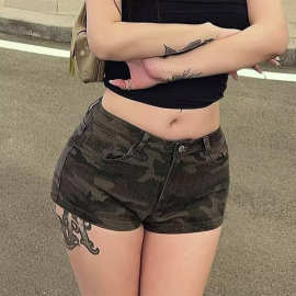 美式复古辣妹低腰迷彩牛仔超短裤女2026新款夏季薄款包臀a字热裤