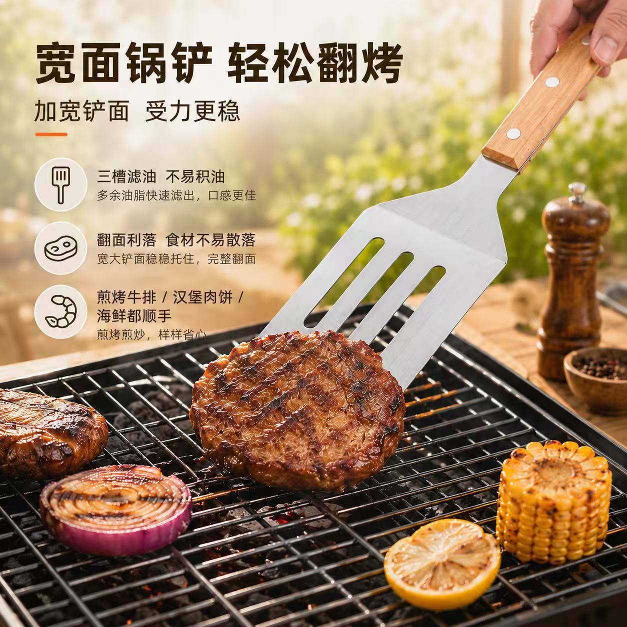 Juego Portable de Utensilios para Barbacoa de Acero Inoxidable con Mango de Madera para Camping