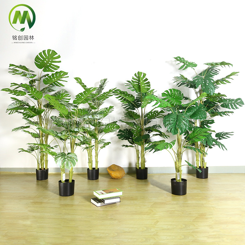 Plantas verdes artificiales de alta gama, bonsái de monstera artificial, plantas en maceta de monstera para decoración de ventanas, plantas artificiales al por mayor
