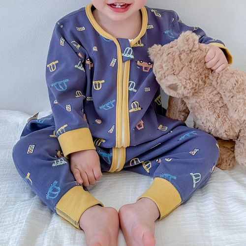 Children's one-piece sleepwear 100% cotton boneless for boys and girls, long sleeve home wear baby sleeping bag kick-proof blanket suitable for all four seasons