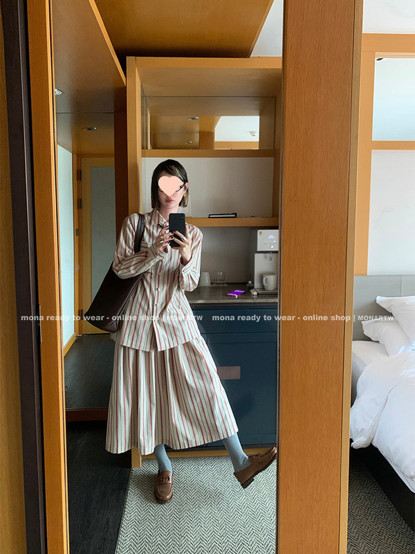 【9.4日 早10点上新 抢先加购】MONA 100棉 条纹衬衫 中腰半裙女|undefined