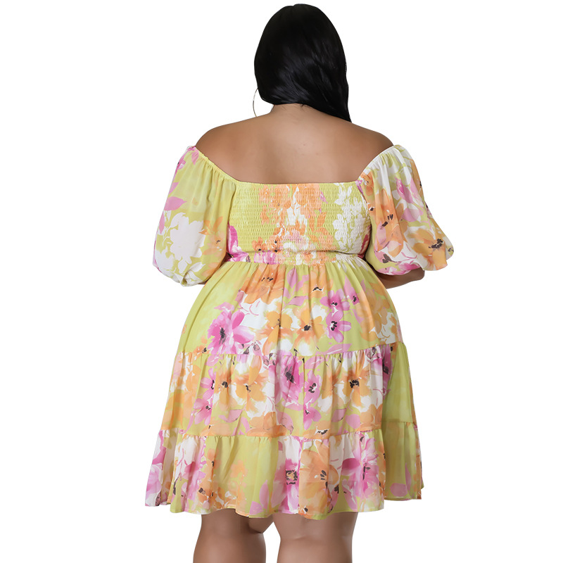 Plus Size Off Shoulder Floral Dress With Puff Sleeves, Flowy Swing Midi Dress For Women_ecoleips.com