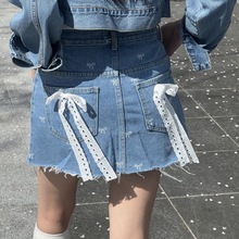 韩版chic夏日百搭高腰蕾丝蝴蝶结毛边A字牛仔半身裙辣妹短裙