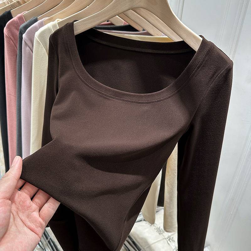 De Rong Women's Solid Color Base Layer Tight-Fitting Low-Neck Top Autumn and Winter Slim U-Neck T-Shirt Korean Style Slim T-Shirt