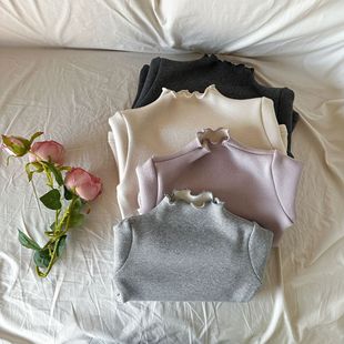 Big Sale Style] Cane Pear Children's Clothing Thickened Girls' Wavy Edge Bottoming Shirt Baby Baby Fashionable Half Turtle Collar Top