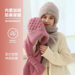 冬季针织帽围巾一体交叉款风雪帽加绒毛线帽女可扣护颈松鼠绒帽子