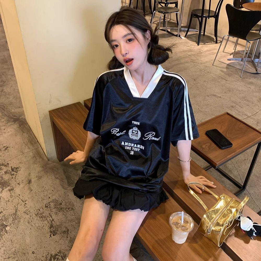 Trendy Brand American-style Bright-faced Motorcycle Sports T-shirt Short-sleeved Men's and Women's Summer Printed V-neck Jersey Top Basketball Loose