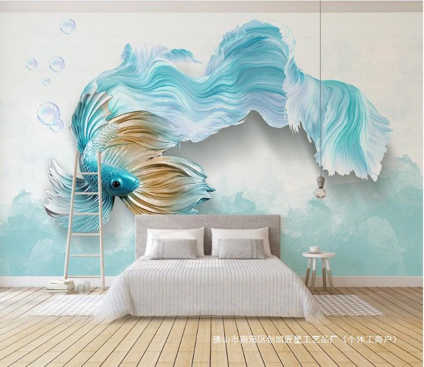 电视背景墙纸卧室沙发孔雀鱼抽象立体壁画欧式简约墙布3D线条现代