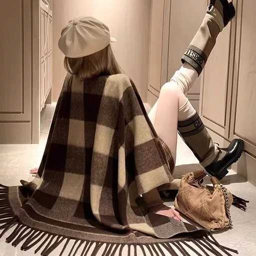 Plate [Scottish Girl] Material 2.2m Wool Plaid Shawl Cape Coat Women's Autumn and Winter Shawl