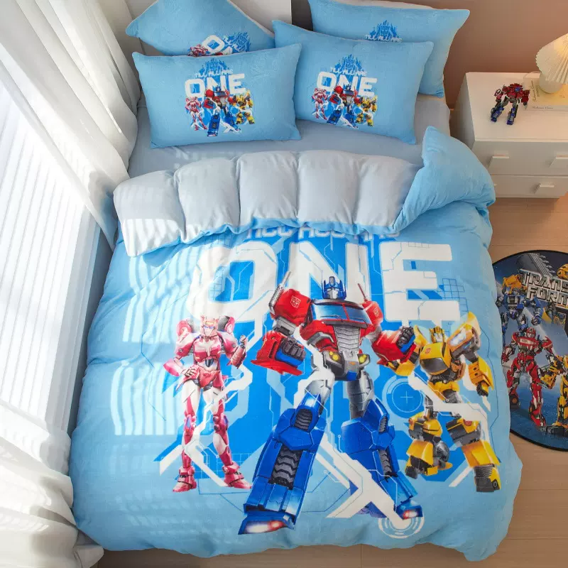 变形金刚儿童牛奶绒四件套冬季加绒加厚珊瑚绒被套卡通男孩三件套