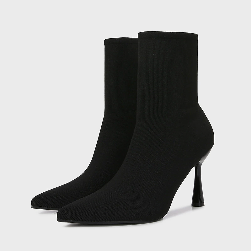 Носки сапоги ZA2024 новые осенние женские туфли из черной ткани эластичные сапоги с заострением на каблуках сапоги женские каблуки