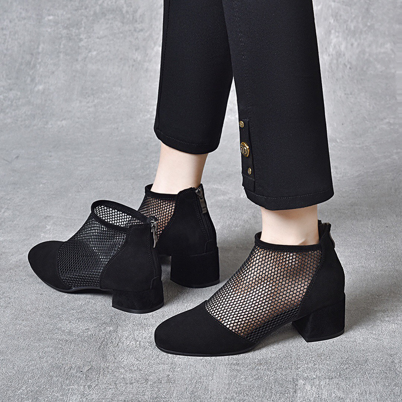 Sandal cao cổ nữ da thật mũi tròn gót dày 2.5 cm kiểu La Mã khoét lỗ lưới thoáng khí — Chiều cao gót 2.5 cm