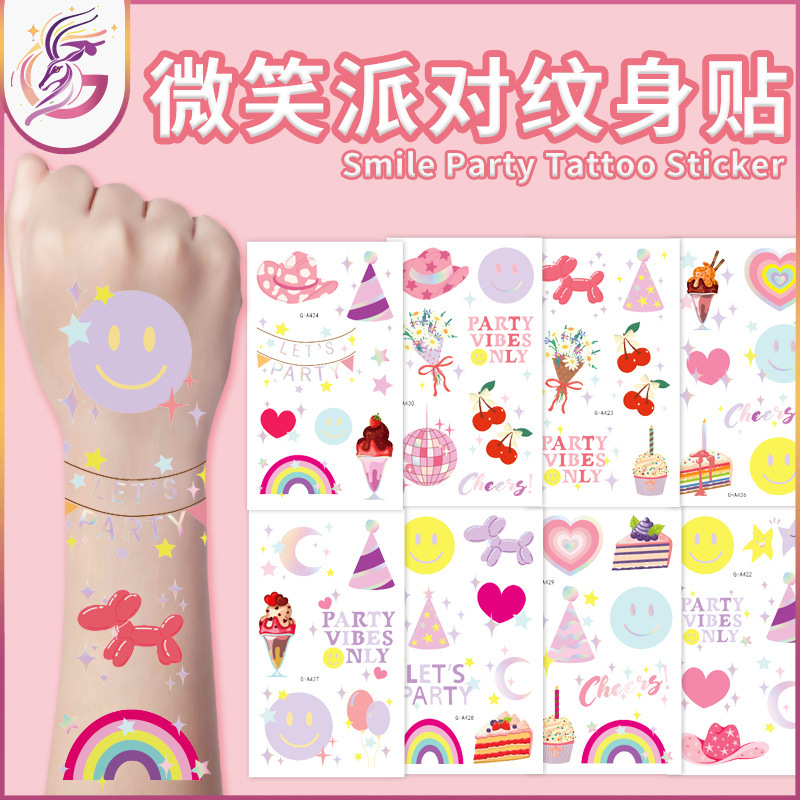 Smile Party Tattoo Sticker Rainbow Cake Birthday Party Decoration Cute Love Heart Smile Pattern Temporary Tattoo