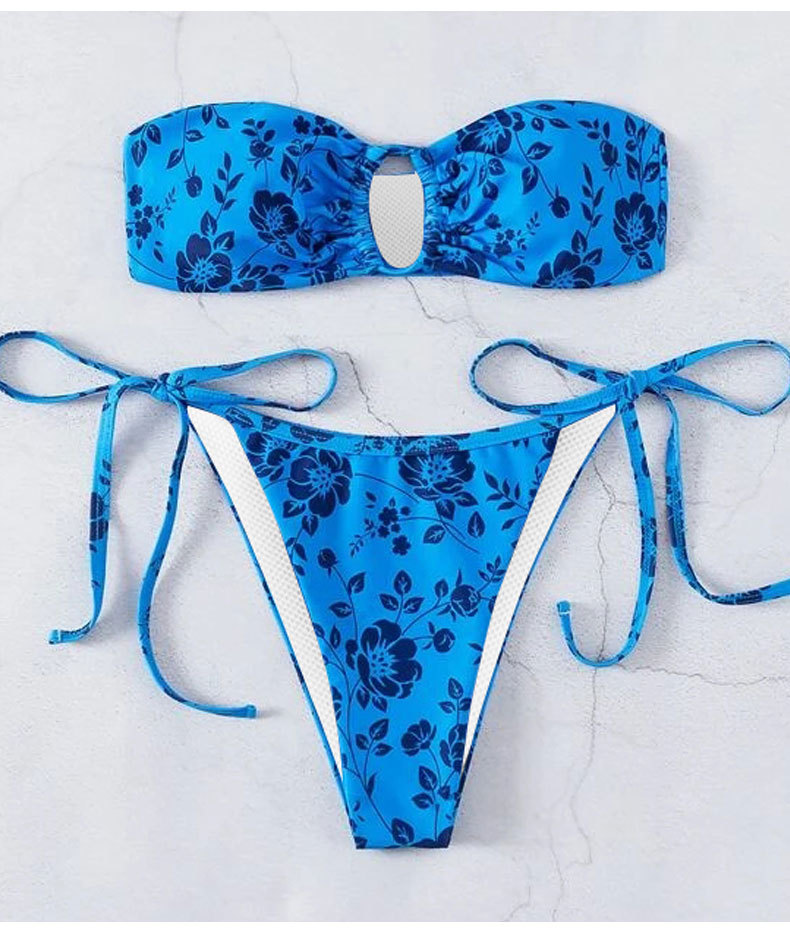 conjunto de dos piezas de bikini floral con cordones sin espalda y top de tubo NSLRS133652