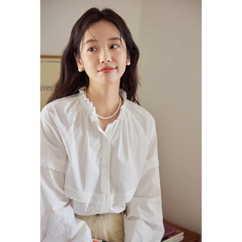 Moriirose White/Blue Lace Shirt with Vertical Collar Women's Autumn French Long Sleeve Loose Elegant Top