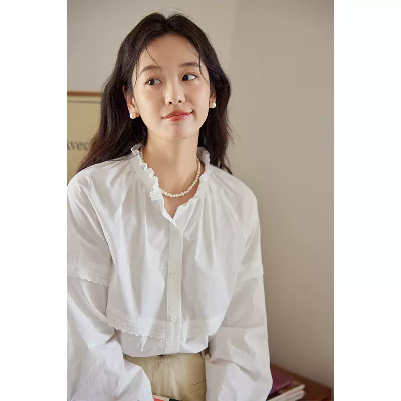 Moriirose白色/蓝色立领蕾丝花边衬衫女秋季法式长袖宽松气质上衣