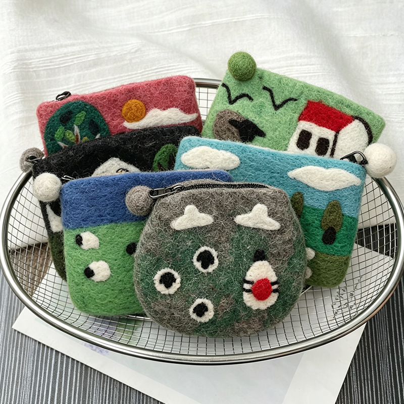 Nepalese Handmade Wool Felt Portable Zipper Cute Animal Coin Purse Card Holder Storage Bag Creative Gift