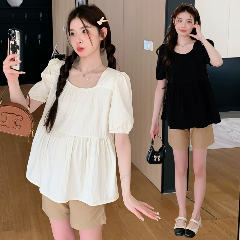 Реальные фото: комплект для беременных в наличии, лето 2026, шифоновый топ с квадратным вырезом + шорты, комплект из двух предметов, свободный крой для женщин.