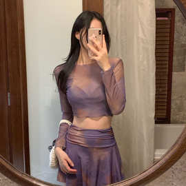 时尚扎染性感辣妹挂脖系带分体比基尼长袖罩衫短裙遮肉显瘦游泳衣