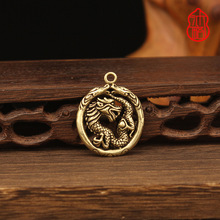 复古黄铜圆环龙形吊坠创意龙头项链汽车钥匙扣挂件个性生肖铜饰品