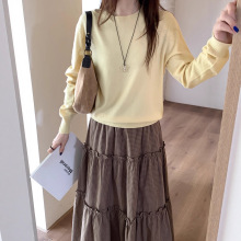 薇颂女装黄色圆领针织衫女秋季新款宽松慵懒感宽松长袖毛衣上衣