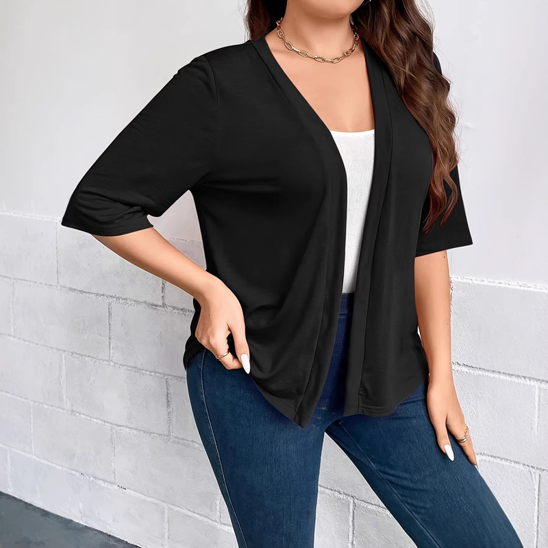 Cross-Border New Product Plus-Size Women's Solid Color Mid-Sleeve Cardigan Jacket Lightweight Air-Conditioning Shirt 2026 European and American Plus-Size Knitwear Cross-Border New Product Plus-Size Women's Solid Color Mid-Sleeve Cardigan Jacket Lightweight Air-Conditioning Shirt 2026 European and American Plus-Size Knitwear