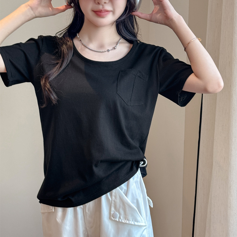 Summer Snowflake Cotton Wide Shoulder Short-sleeved T-shirt Women's Top Korean Style Pocket Design Sense Lazy Style High-end Sense
