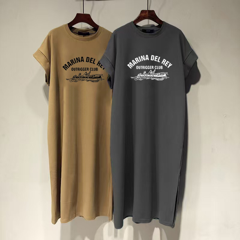 Korean Plus Size Women's New Style Flying Sleeve Slit Dress Long Skirt Summer Short-Sleeved T-Shirt Skirt Women's Loose Skirt