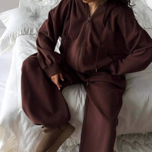 时尚欧美ins风女装休闲长袖连帽运动开衫长裤两件套春秋纯色女装