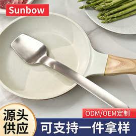 大尺寸砂光亮面扁勺不锈钢家用酒店烹饪勺厨房翻炒盛菜工具长柄勺