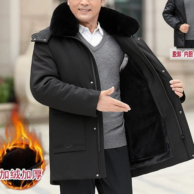 Warm long winter men's down jacket, for middle age, mid-length