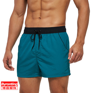 Cross-Border Men's Beach Pants Quick-Drying Swimming Trunks Solid Color Zipper Pocket Three-Quarter Pants Mesh Lined European and American Beach Shorts