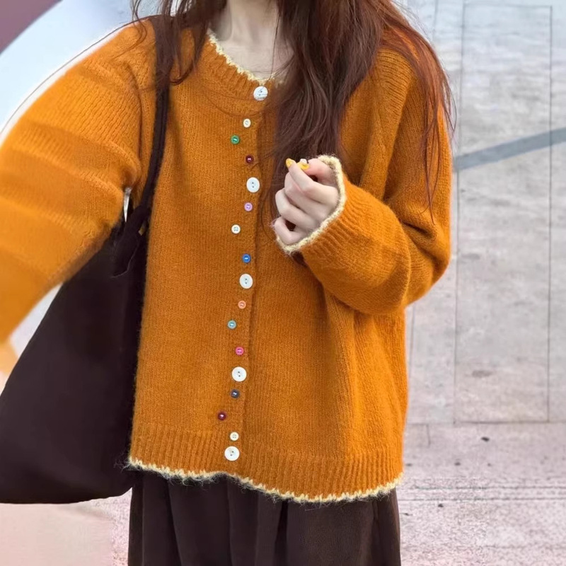 Lazy Style Pumpkin Orange Knitted Cardigan for Women, Autumn and Winter Korean Design Soft Sweater Inner Layer Outerwear Women's Top