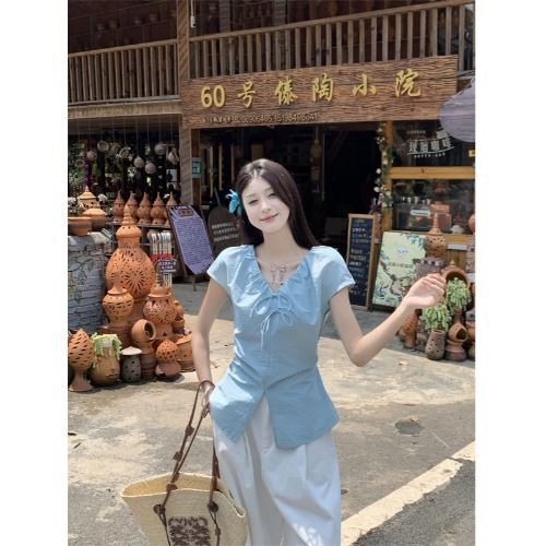甜美风套装蓝色褶皱短袖衬衫女夏季新款高腰显瘦阔腿裤两件套|undefined