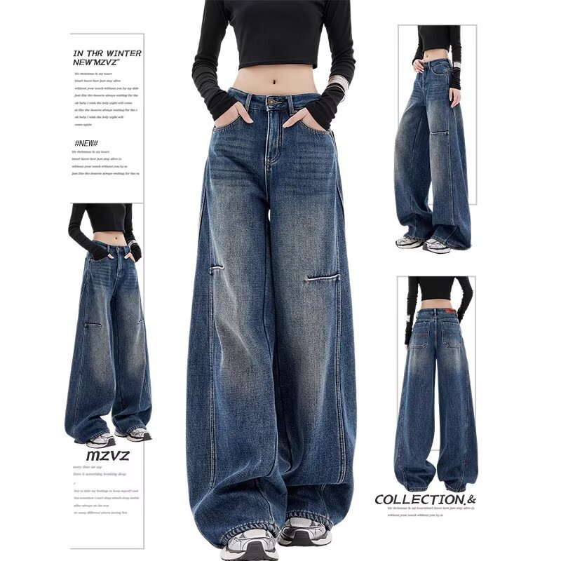American Retro Wide-Leg Jeans for Women, Spring and Autumn, Plus Size, High-Waisted, Loose, Casual, Floor-Length Straight Pants