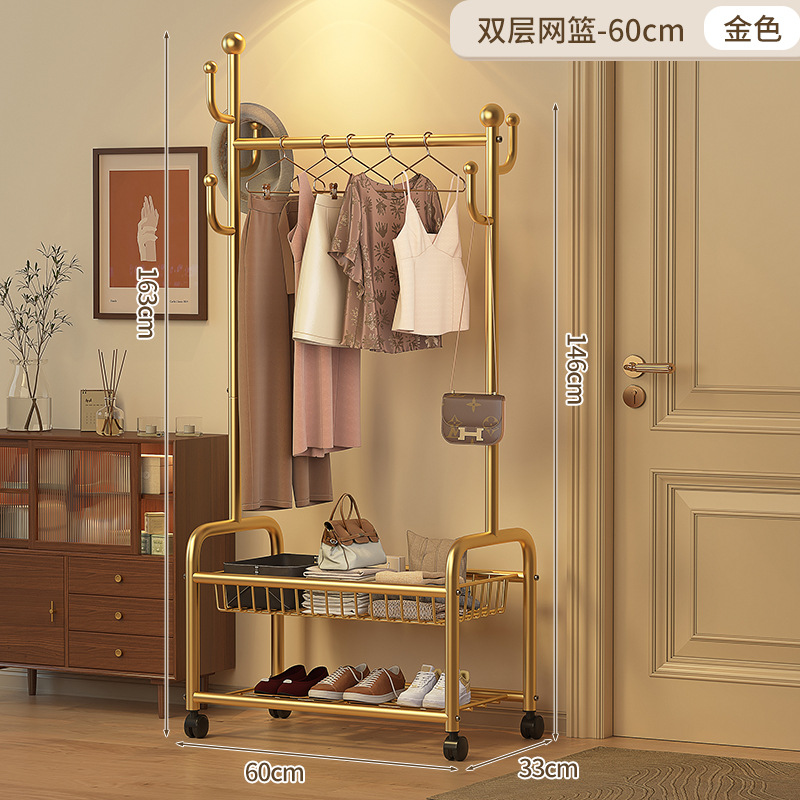 60cm 더블 레이어 메쉬 바스켓 - 라이트 럭셔리 골드 + 후크 6개 + 메탈 유니버설 휠