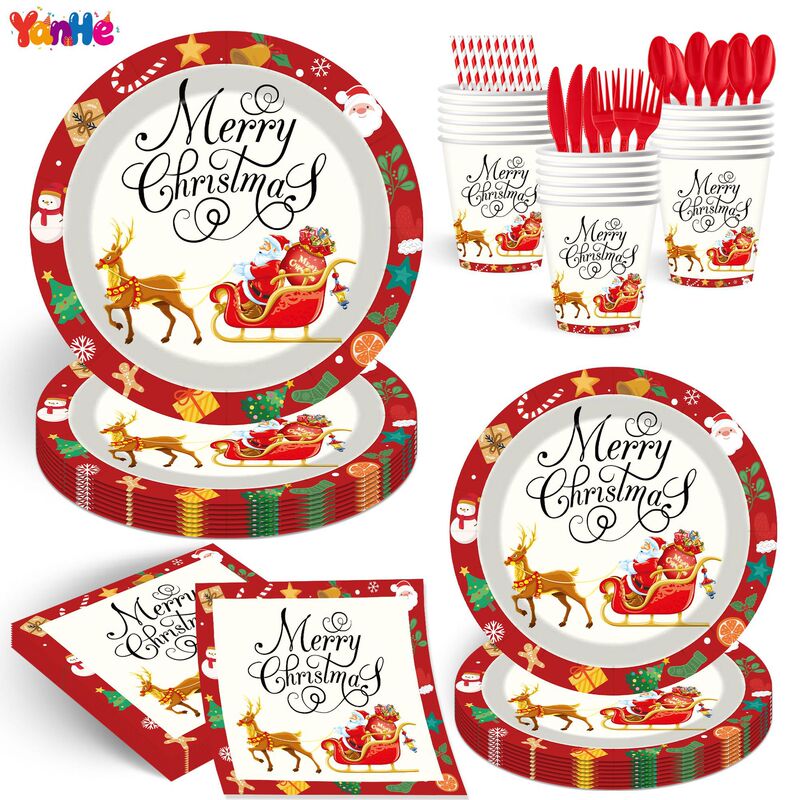 Santa Claus vintage car reindeer disposable tableware set party supplies disposable paper plates paper cups paper napkins