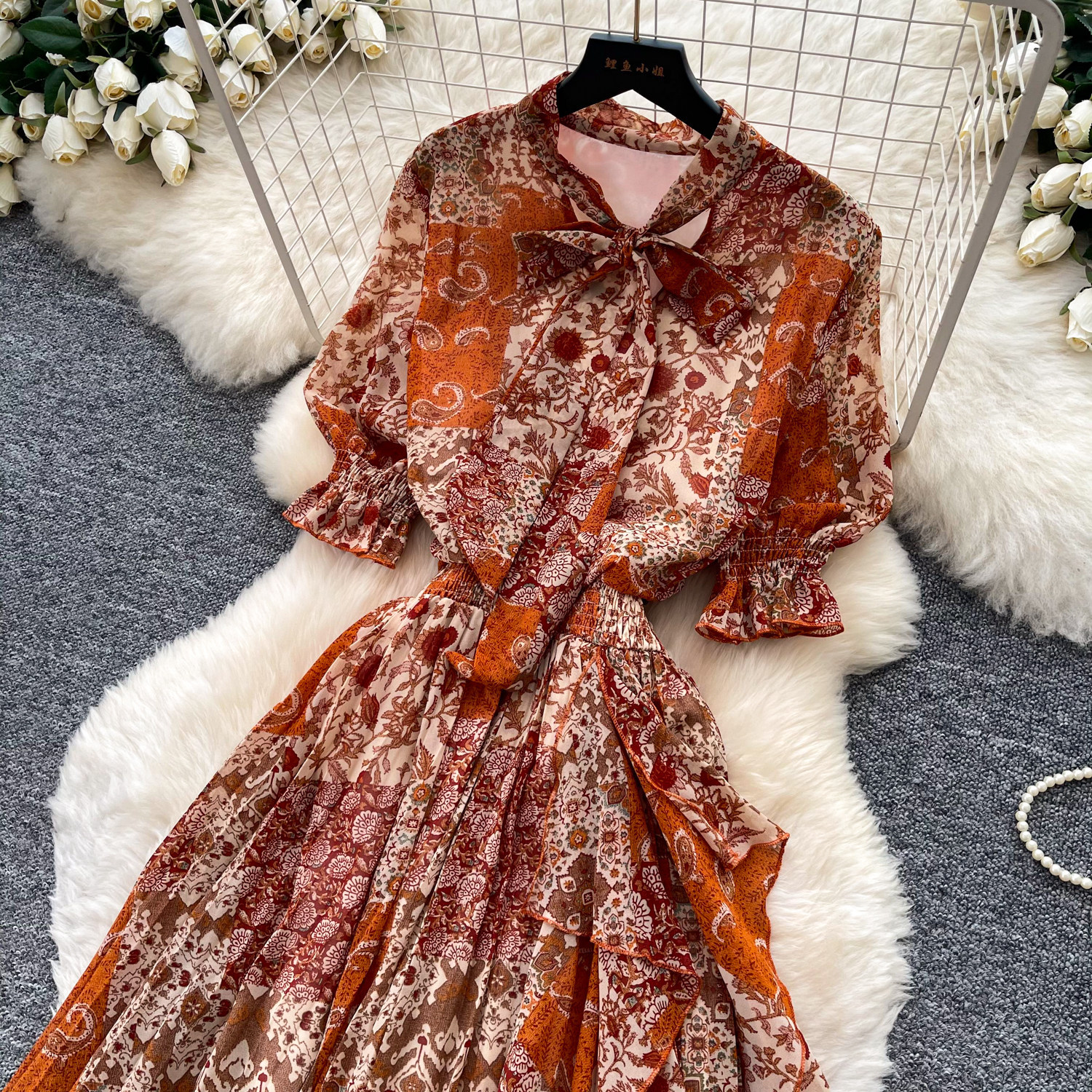 Retro Printed Dress Short Sleeved a Line Skirt Long Slimming Elegant Summer Women's Clothing_ecoleips.com