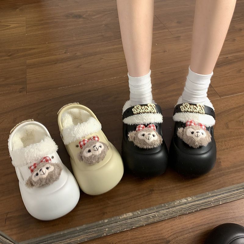 Furry Cute Thick-Soled Plush Croc Shoes for Women 2025 Autumn and Winter Outerwear Heightening Warm Cotton Shoes Baotou Half Slippers