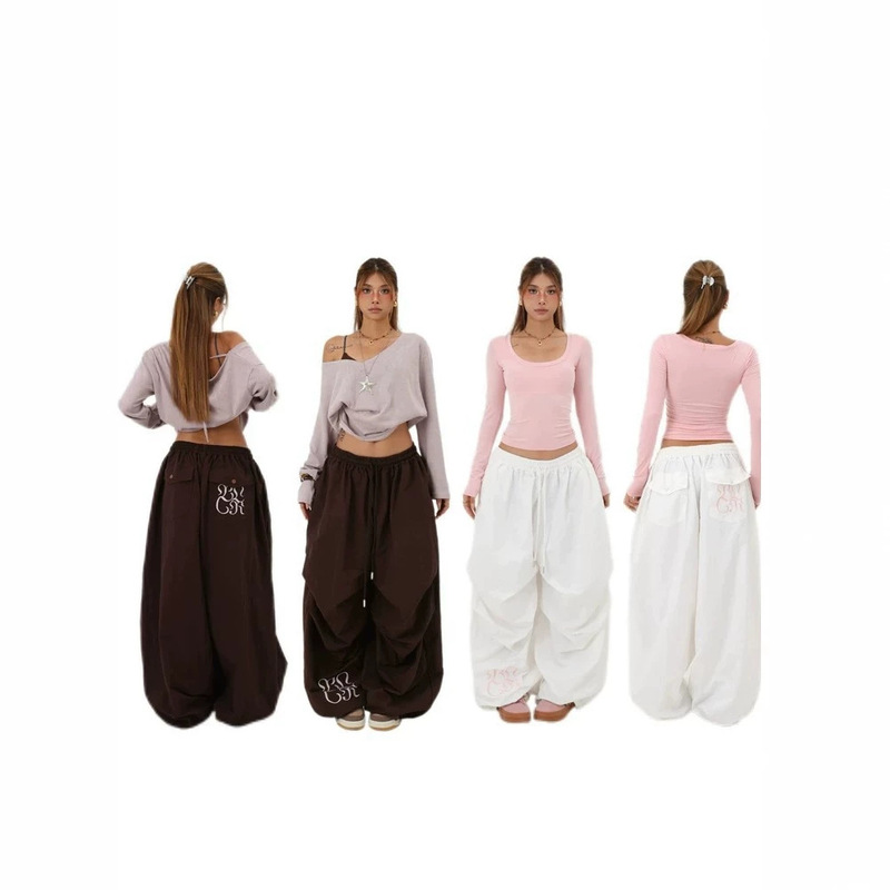 Embroidered American Retro Paratrooper Sweatpants for Women, Workwear Pants, Spring and Summer Jazz Dance Pants, Wide-Leg Pants, Drawstring Loose Fit