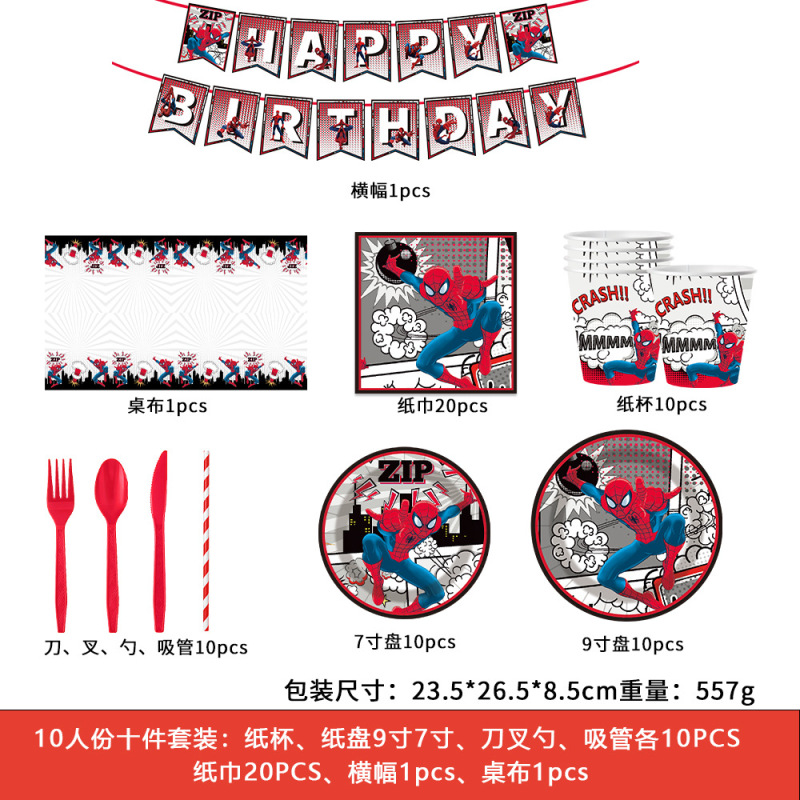 新款蜘蛛侠派对用品儿童生日餐具套装一次性桌布纸盘横幅氛围布置|undefined