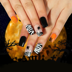 穿戴甲批發萬聖節美甲蜘蛛黑白色蛛網卡通眼珠美甲片美甲成品nail